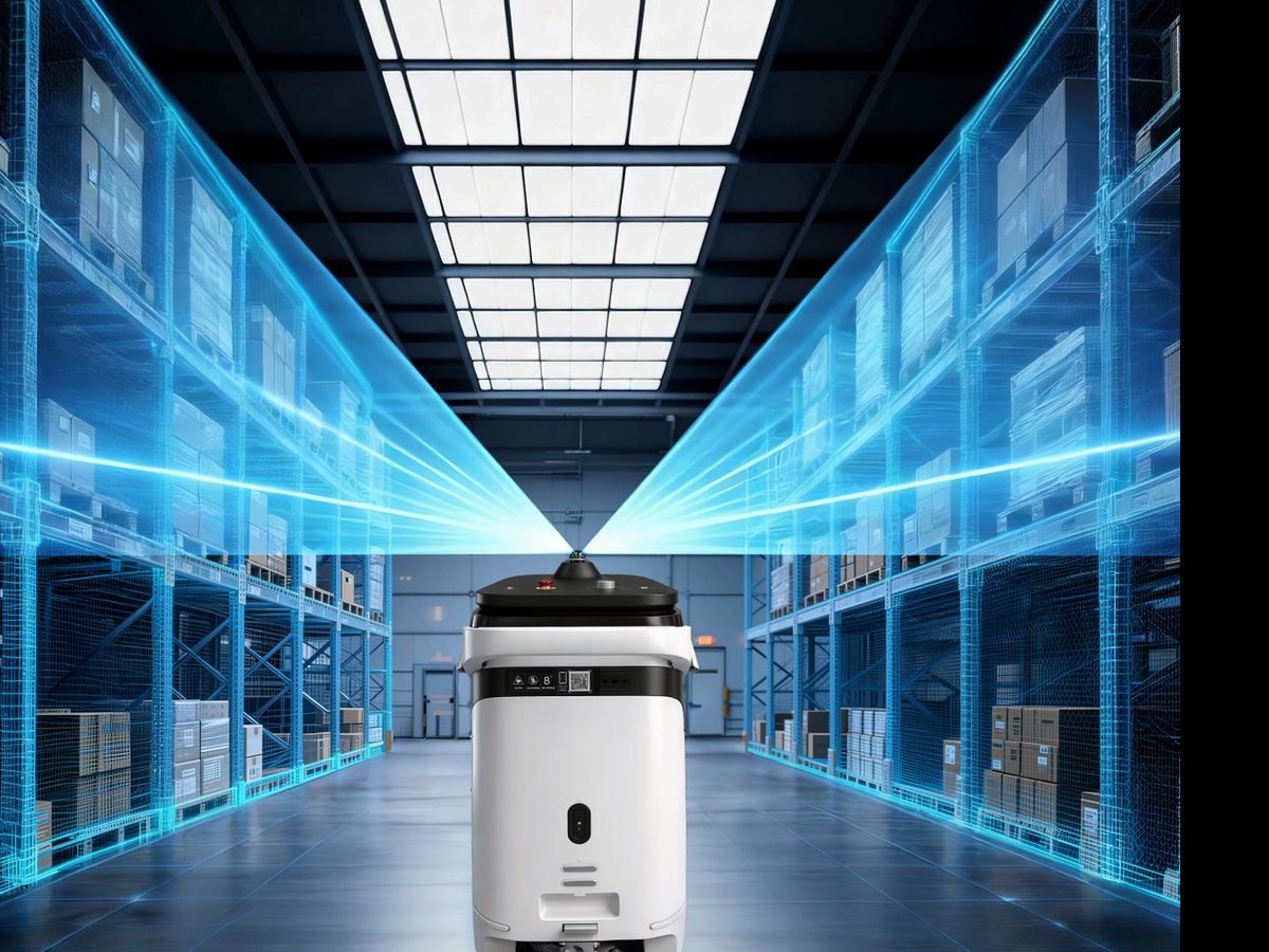Robot lavapavimenti professionale DEEBOT PRO M1 3D in un magazzino con navigazione LiDAR 3D